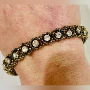 Hand-Beaded Rhinestone Bracelet, Antique Gold Seed Beads & Crystal Links, 8”